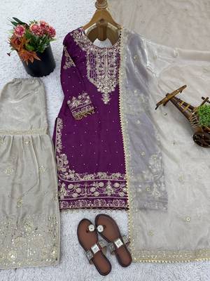 Wine designer heavy gmy silk sequins embroidered work readymade suit 4