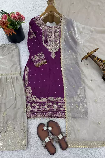 Wine designer heavy gmy silk sequins embroidered work readymade suit