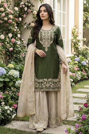 Green designer heavy gmy silk sequins embroidered work readymade suit