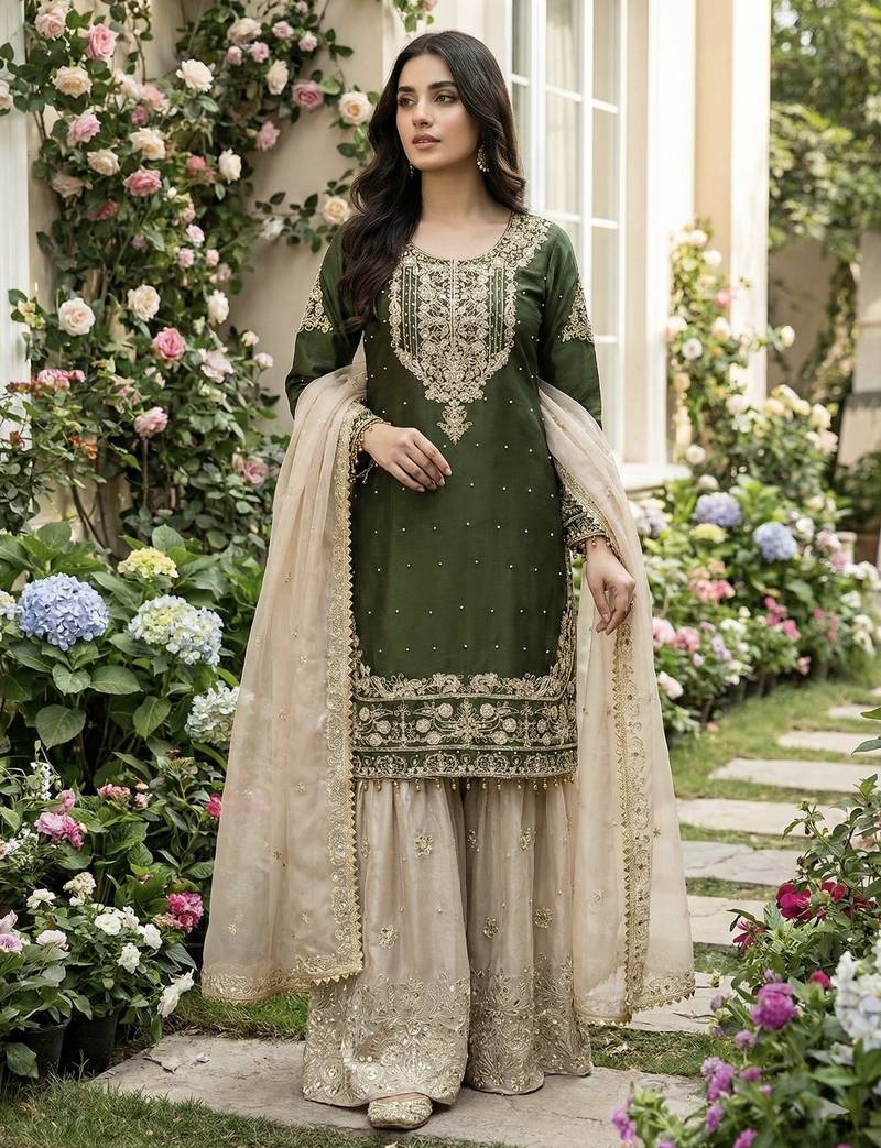 Green designer heavy gmy silk sequins embroidered work readymade suit