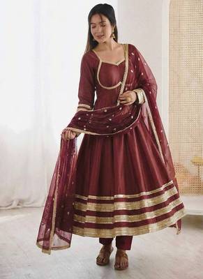 Maroon color designer cosmos gold silk lace work readymade suit 2