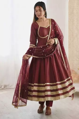 Maroon color designer cosmos gold silk lace work readymade suit