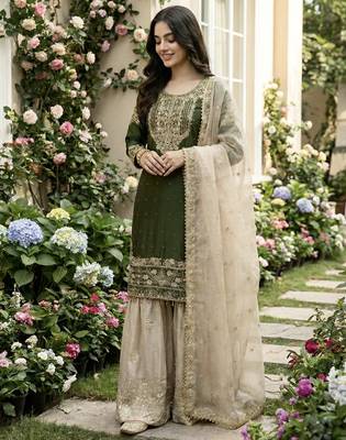 Green designer heavy gmy silk sequins embroidered work readymade suit 2