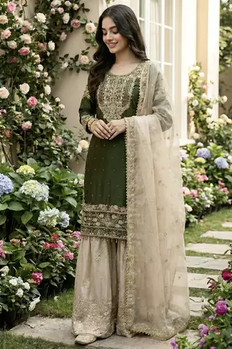 Green designer heavy gmy silk sequins embroidered work readymade suit
