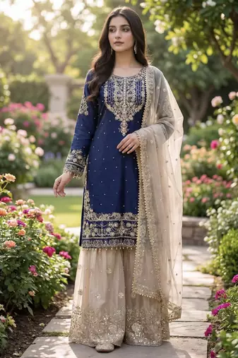 Blue designer heavy gmy silk sequins embroidered work readymade suit