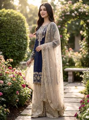 Blue designer heavy gmy silk sequins embroidered work readymade suit 2
