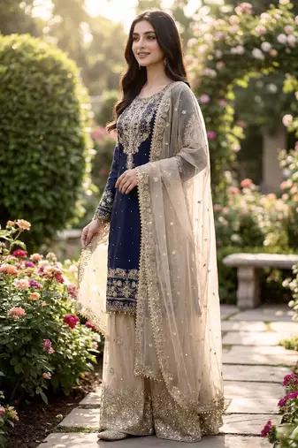 Blue designer heavy gmy silk sequins embroidered work readymade suit