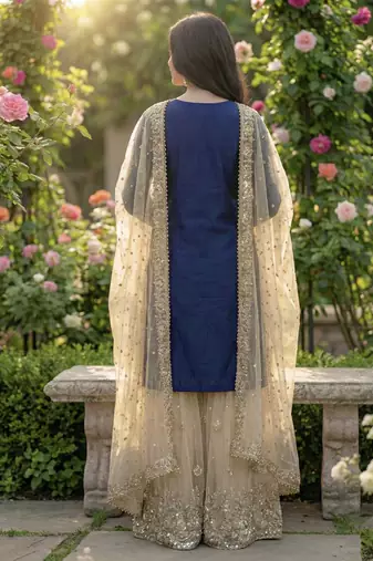 Blue designer heavy gmy silk sequins embroidered work readymade suit