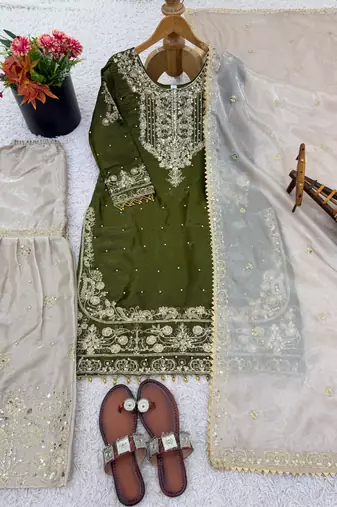 Green designer heavy gmy silk sequins embroidered work readymade suit