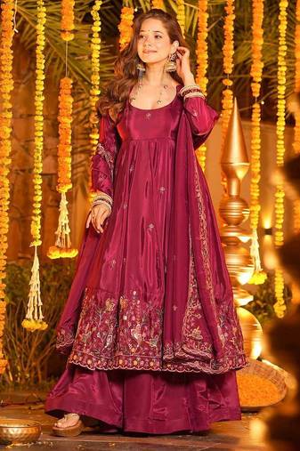 Pink designer heavy natural crep silk sequins embroidered work readymade suit