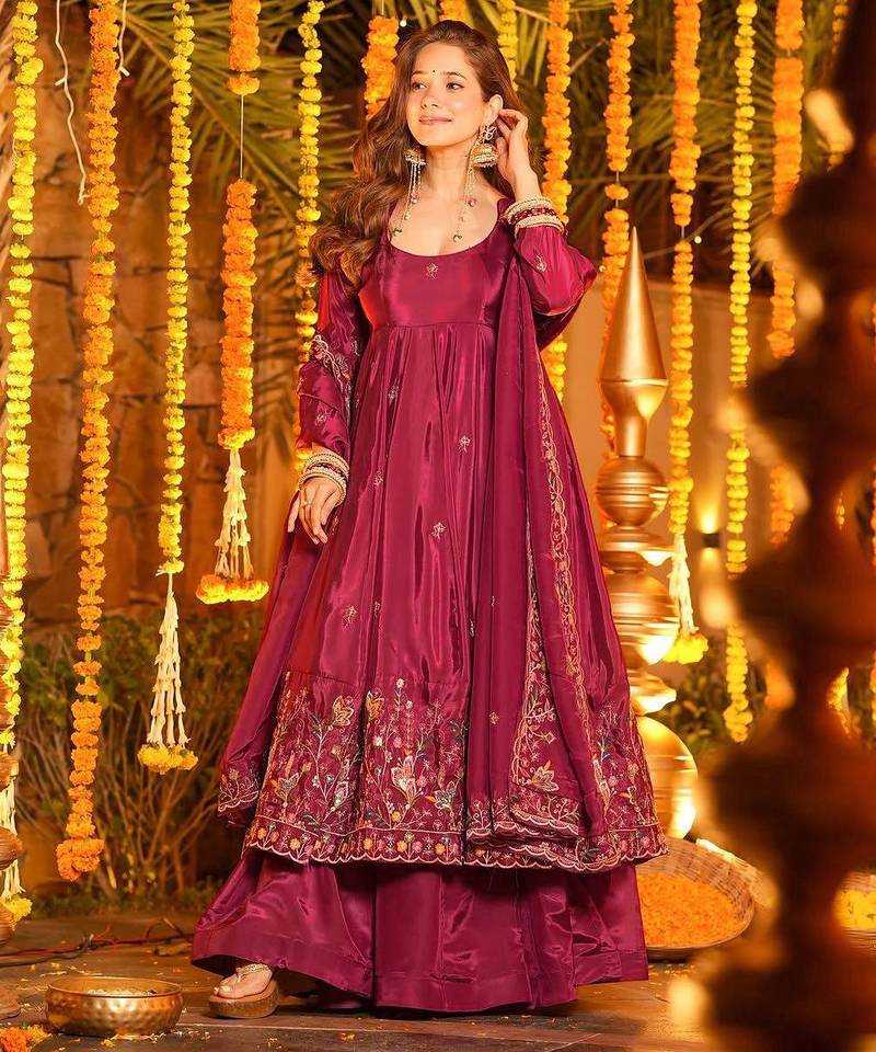 Pink designer heavy natural crep silk sequins embroidered work readymade suit