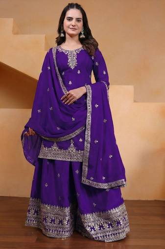 Purple designer chinon sequins embroidered work readymade suit
