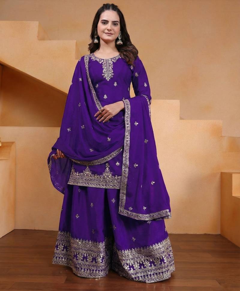 Purple designer chinon sequins embroidered work readymade suit
