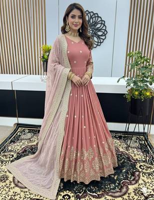 Peach pink designer heavy faux georgette sequins embroidered work readymade suit 2