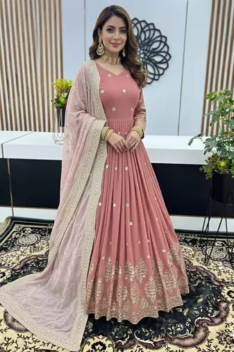 Peach pink designer heavy faux georgette sequins embroidered work readymade suit
