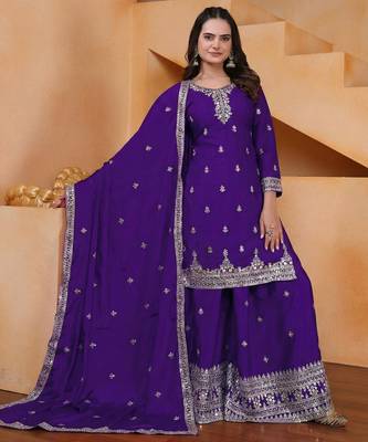 Purple designer chinon sequins embroidered work readymade suit 2