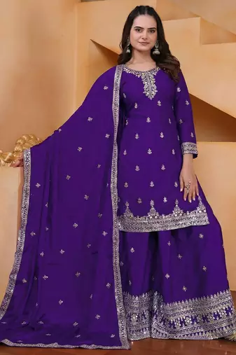 Purple designer chinon sequins embroidered work readymade suit