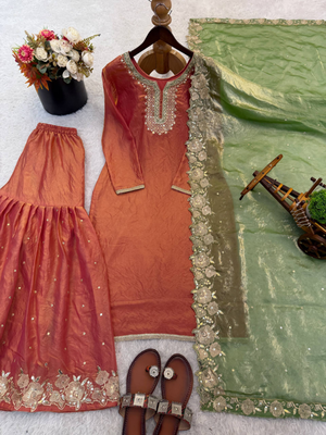 Rust color designer fendy silk sequins embroidered work readymade suit 3