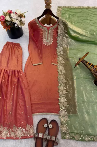 Rust color designer fendy silk sequins embroidered work readymade suit
