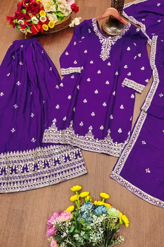Purple designer chinon sequins embroidered work readymade suit