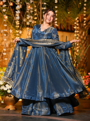 Blue designer heavy nc vichitra silk sequins embroidered work readymade suit 1