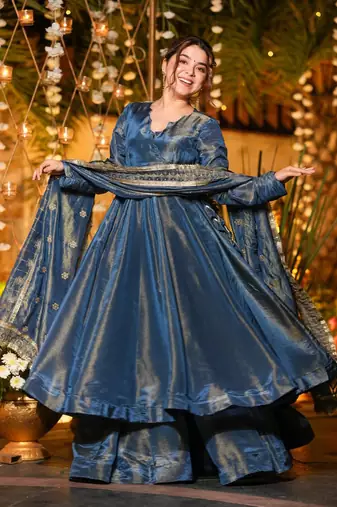 Blue designer heavy nc vichitra silk sequins embroidered work readymade suit