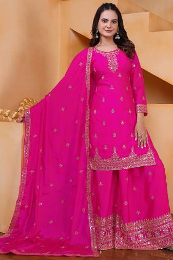 Pink designer chinon sequins embroidered work readymade suit