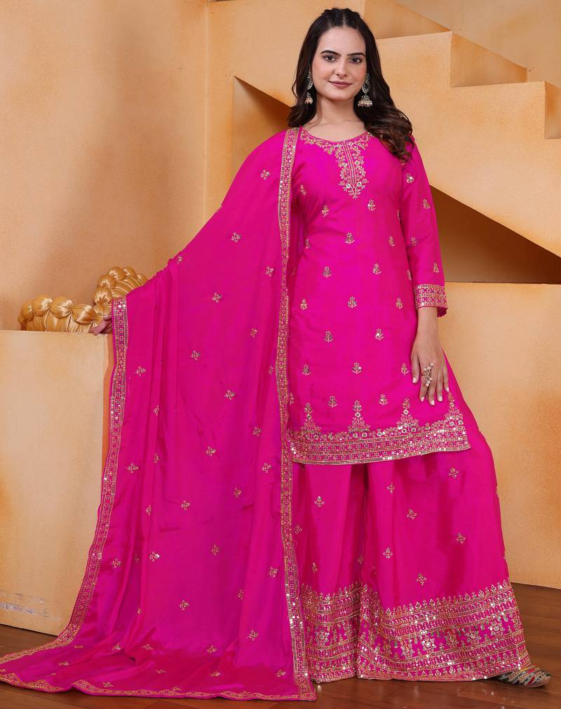 Pink designer chinon sequins embroidered work readymade suit