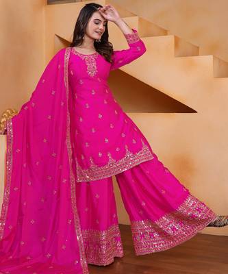 Pink designer chinon sequins embroidered work readymade suit 2