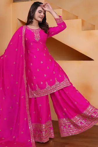 Pink designer chinon sequins embroidered work readymade suit