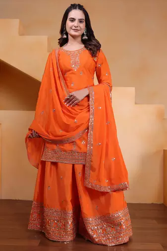 Orange designer chinon sequins embroidered work readymade suit