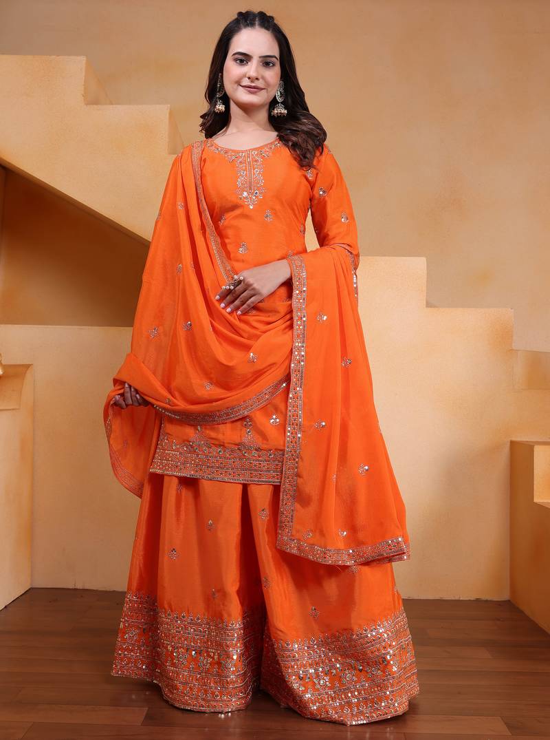 Orange designer chinon sequins embroidered work readymade suit