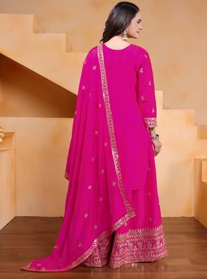 Pink designer chinon sequins embroidered work readymade suit 3