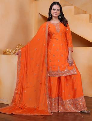 Orange designer chinon sequins embroidered work readymade suit 2