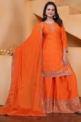 Orange designer chinon sequins embroidered work readymade suit