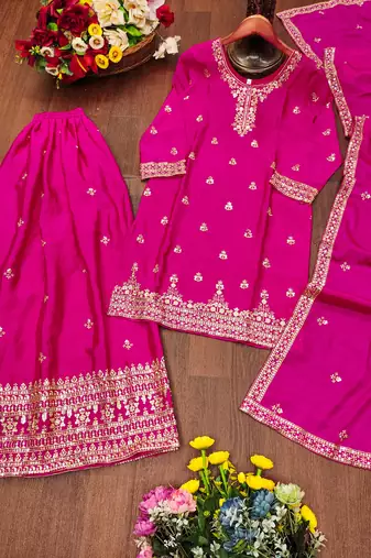 Pink designer chinon sequins embroidered work readymade suit