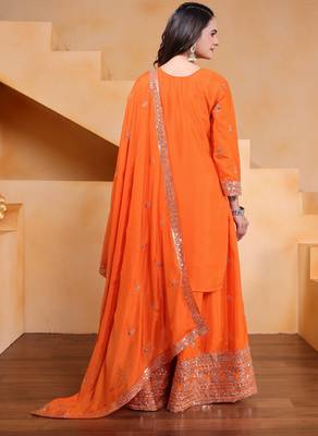 Orange designer chinon sequins embroidered work readymade suit 3