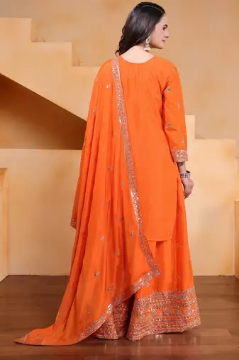 Orange designer chinon sequins embroidered work readymade suit
