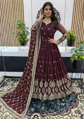 Maroon designer heavy faux georgette sequins embroidered work readymade suit 1