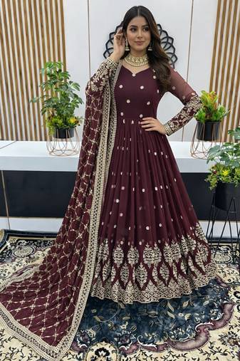 Maroon designer heavy faux georgette sequins embroidered work readymade suit