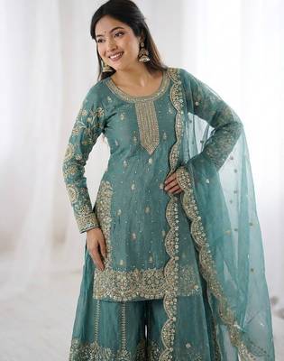 Sky blue color designer fendy silk sequins embroidered work readymade suit 2