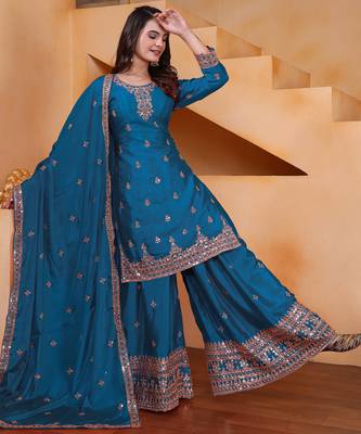 Blue designer chinon sequins embroidered work readymade suit 1