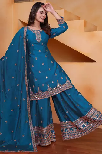 Blue designer chinon sequins embroidered work readymade suit