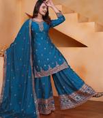 Blue designer chinon sequins embroidered work readymade suit
