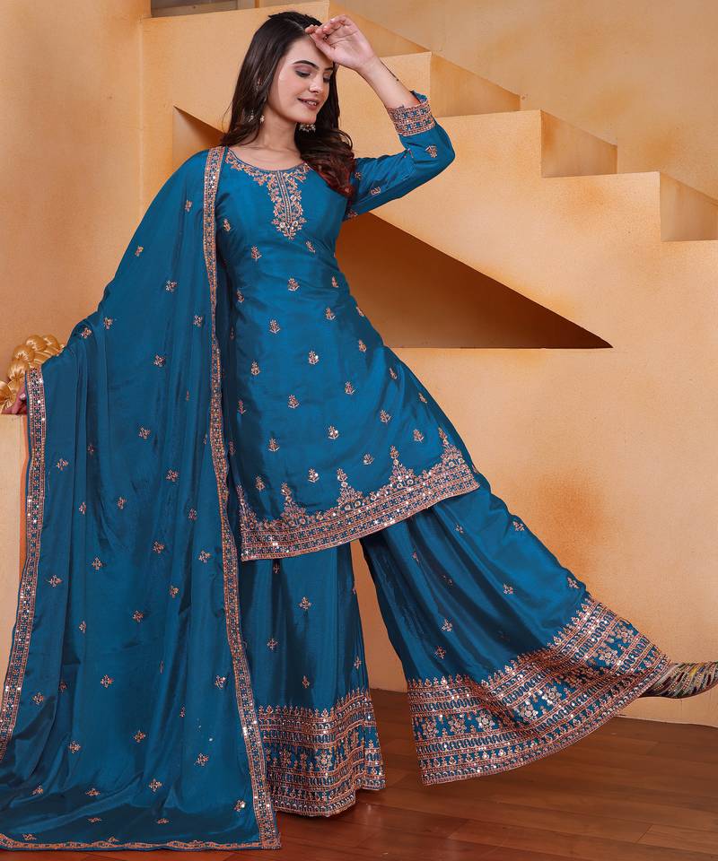 Blue designer chinon sequins embroidered work readymade suit