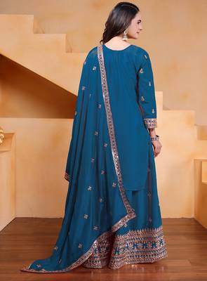 Blue designer chinon sequins embroidered work readymade suit 2