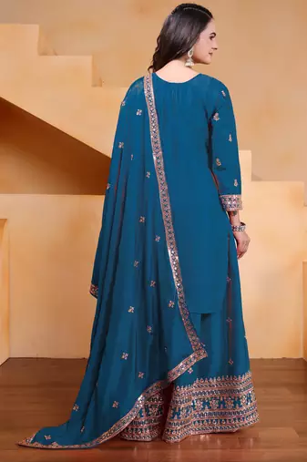 Blue designer chinon sequins embroidered work readymade suit