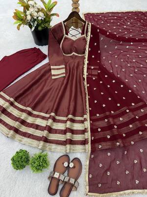 Maroon color designer cosmos gold silk lace work readymade suit 4