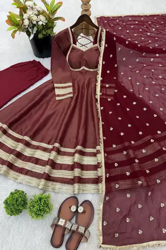 Maroon color designer cosmos gold silk lace work readymade suit