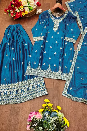 Blue designer chinon sequins embroidered work readymade suit